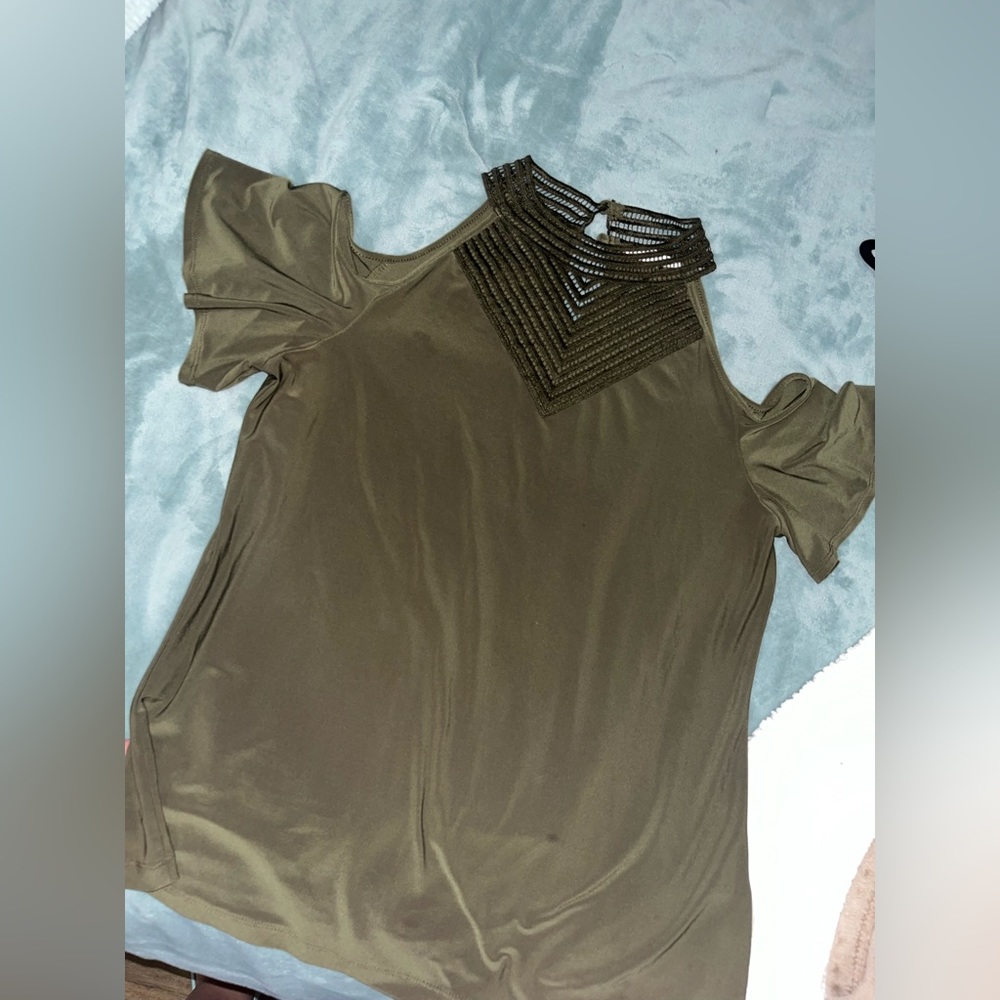Olive color and high neck top. Light weight